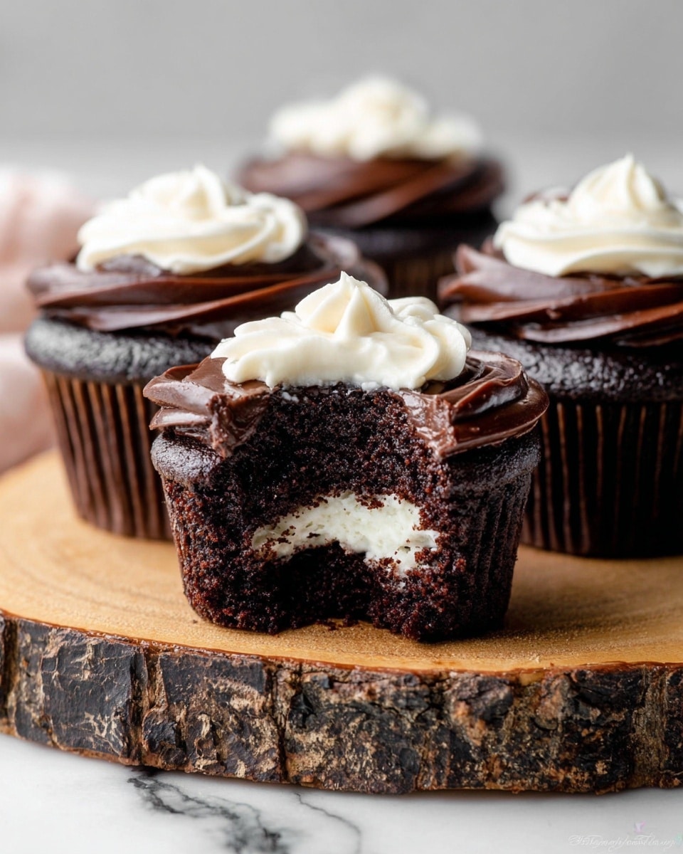The image shows four chocolate cupcakes arranged on a rustic wooden stand with bark on the edge, placed on a white marbled surface. The cupcake in front is bitten to reveal three layers: a dark, moist chocolate cake outer layer; a creamy white filling in the center; and a thick, glossy dark chocolate frosting covering the top. The frosting is decorated with a swirl of white icing on the very top. The other three cupcakes in the background have the same dark chocolate frosting and white icing swirl, with their rich texture visible. photo taken with an iphone --ar 4:5 --v 7