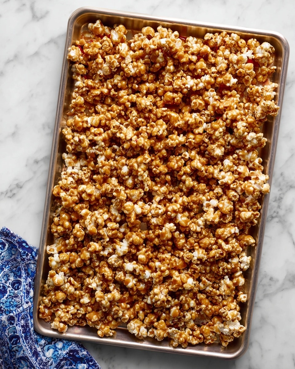 A large metal baking tray is filled with a single thick layer of caramel-coated popcorn. The popcorn pieces are uneven in shape, coated in a glossy, light brown caramel that gives a sticky, shiny texture. The tray is placed on a white marbled surface, and a blue and white patterned cloth is visible in the bottom left corner. The caramel popcorn covers the entire tray with no visible gaps, showing an inviting crunchiness. Photo taken with an iphone --ar 4:5 --v 7