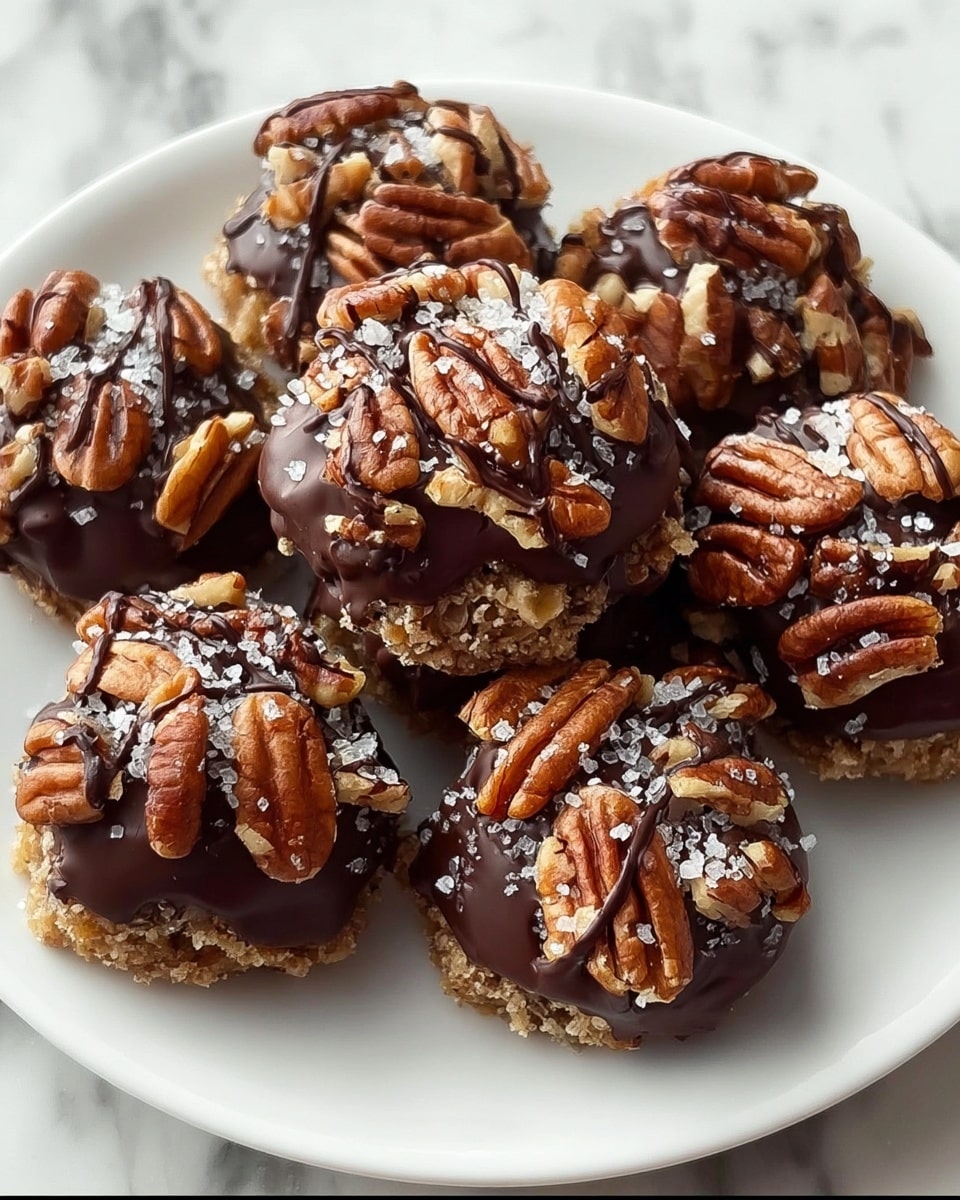 A white plate holds several round treats with three visible layers: the bottom layer is a crumbly, light brown base, the middle layer is thick, glossy dark chocolate that covers roughly half of each treat, and the top layer is a scattering of large, whole pecan pieces mixed with a drizzle of dark chocolate and tiny white salt flakes. The pecans add a textured, nutty look with their warm brown and cream tones, covering the chocolate in a chunky pattern. The scene is set on a white marbled surface, enhancing the rich colors of the treats. photo taken with an iphone --ar 4:5 --v 7
