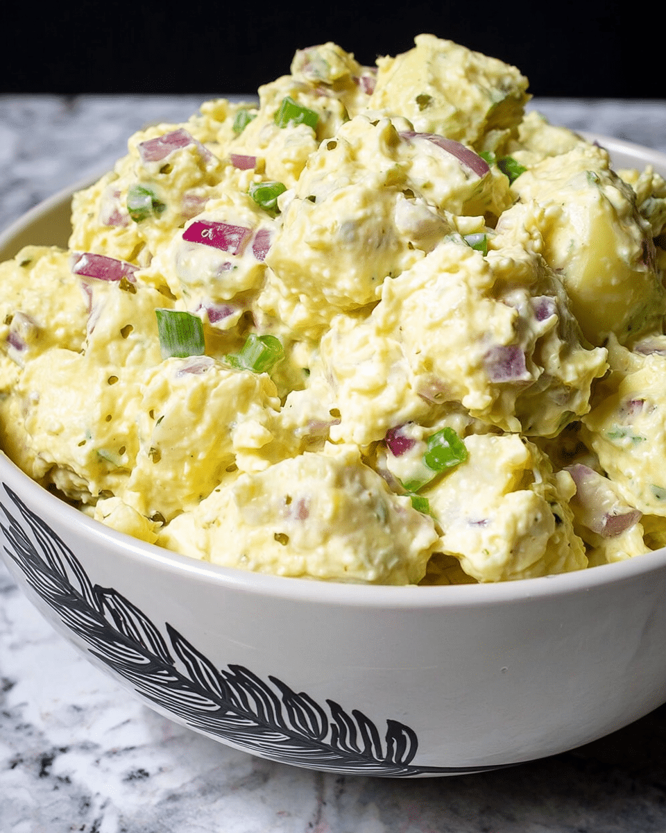 A close-up view of a bowl filled with chunky, creamy potato salad. The salad has a pale yellow color with small bits of green celery and red onion mixed throughout, adding color and texture. The bowl is white with a black wheat design on the side. The background is a surface with a white marbled texture. photo taken with an iphone --ar 4:5 --v 7