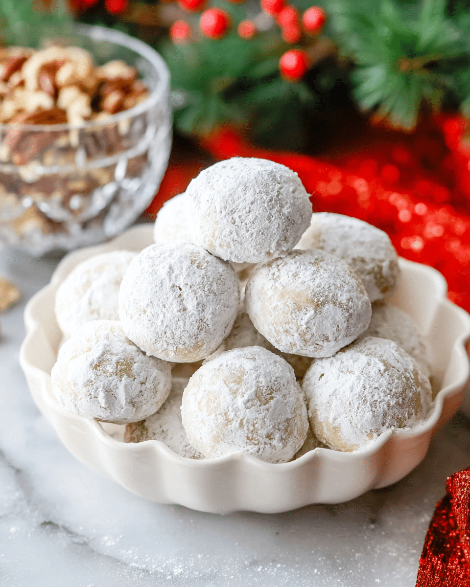 A white scalloped bowl is filled with many small round cookies stacked on top of each other, each covered in a thick layer of white powdered sugar giving a dusty and soft texture. The cookies have a pale golden color visible beneath the powdered sugar in some parts. The bowl sits on a white marbled surface with soft natural lighting highlighting the powdery coating and the smooth, slightly cracked surfaces of the cookies. In the blurred background, there is a glass bowl with chopped nuts and some green pine branches and red berries adding a festive feel. photo taken with an iphone --ar 4:5 --v 7