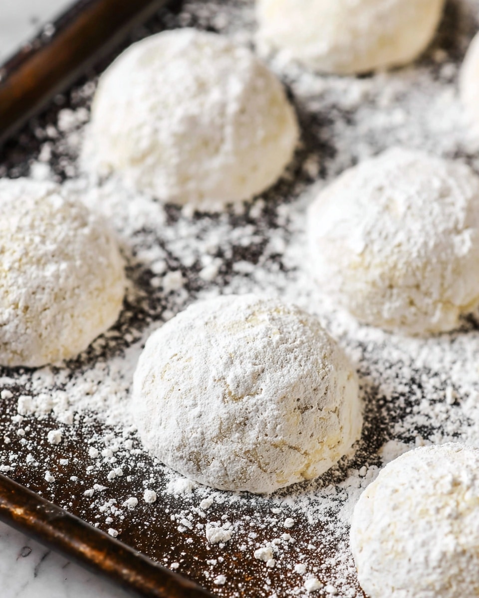 This image shows several round cookies with a soft, powdery white coating spaced apart on a dark baking tray. Each cookie is covered in a thick layer of white powdered sugar, giving them a slightly rough and powdery texture. The cookies appear soft and baked, with a pale, off-white color beneath the sugar. The baking tray underneath is dark with a speckled appearance due to some crumbs and sugar dust scattered around. The background surface is changed to a white marbled texture. photo taken with an iphone --ar 4:5 --v 7