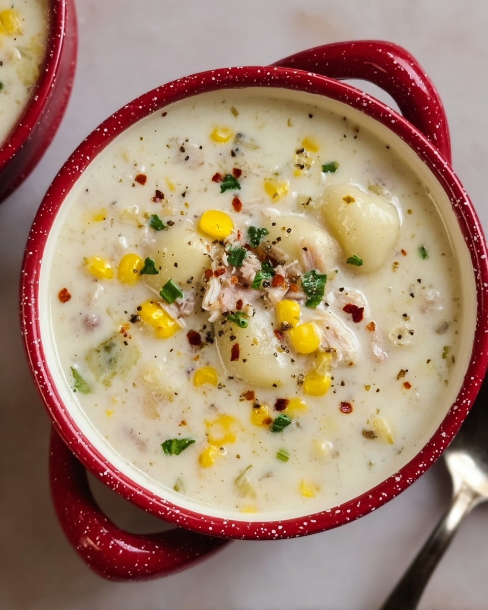 A close-up view of a creamy white soup filled with chunks of light-colored gnocchi, bright yellow corn pieces, and small bits of shredded meat. The soup is garnished with small green herb leaf pieces, crushed red pepper flakes, and black pepper dots scattered on top. It is served in a white bowl with red speckled edges and handles. A silver spoon is partly visible on the right side. The bowl sits on a white marbled surface. photo taken with an iphone --ar 4:5 --v 7