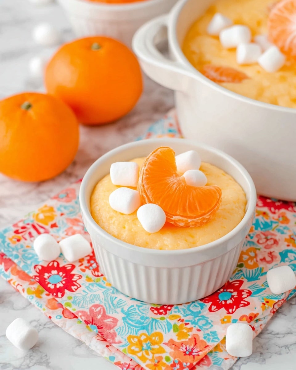 A small white bowl with a scalloped edge holds a creamy, light orange dish that looks soft and fluffy. On top, there are three white mini marshmallows and one bright, glossy orange mandarin slice placed neatly. In the background, there is a larger white bowl with the same orange dish and a white serving spoon resting inside it. Two whole, bright orange mandarins are slightly blurred on the white marbled surface. A colorful napkin with a floral pattern sits under the small bowl, and a few extra mini marshmallows are scattered nearby. The photo taken with an iphone --ar 4:5 --v 7