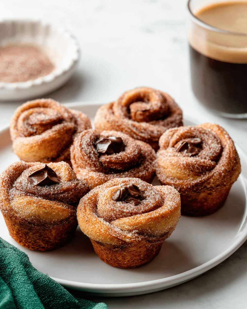 Six cinnamon sugar swirled muffins sit closely on a white plate, each shaped like a small rose with layers of soft brown dough dusted heavily in cinnamon sugar giving a grainy texture. A small dollop of melted chocolate decorates the center of four muffins, adding a dark shiny contrast at the top. The plate rests on a white marbled surface with part of a glass mug filled with coffee or latte visible in the blurry background. A green cloth is partly visible in the lower left corner, and a shallow white dish with cinnamon sugar sits to the left, softly out of focus. The overall scene is warm and inviting. photo taken with an iphone --ar 4:5 --v 7