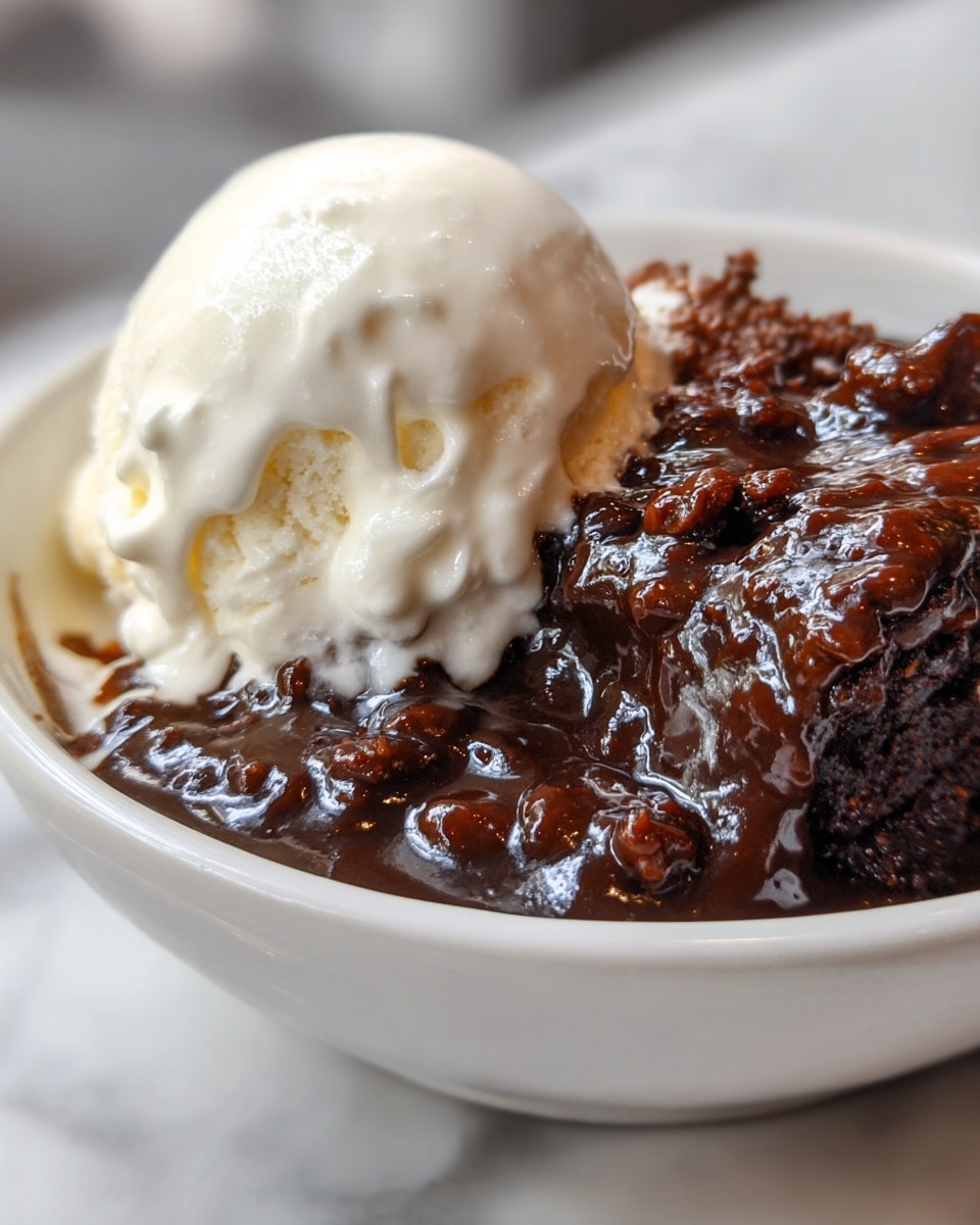 A close-up view of a white bowl containing two food layers side by side: on the left, a smooth, creamy white scoop of vanilla ice cream with a soft texture, and on the right, a rich, dark brown chocolate dessert with a sticky, gooey texture and some chunky bits visible, covered in thick chocolate sauce that glistens under light. The bowl is set on a white marbled surface with a blurred background. photo taken with an iphone --ar 4:5 --v 7