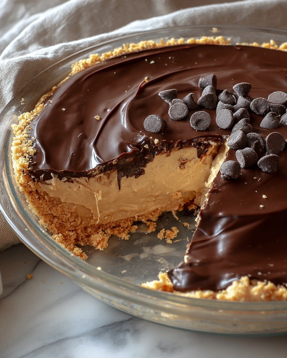 This image shows a close-up of a pie with three layers in a clear glass pie dish. The bottom layer is a light tan crumbly crust, the middle layer is thick and creamy peanut butter filling with a smooth texture, and the top layer is a shiny, smooth dark chocolate ganache with a few chocolate chips scattered on top. A portion of the pie has been scooped out, revealing the inside layers and smooth textures, with some crumbs and filling left at the bottom of the dish. The pie is placed on a white marbled surface with a lightly colored cloth nearby. photo taken with an iphone --ar 4:5 --v 7