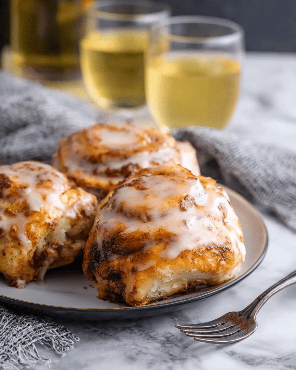 A close-up of a plate holding four cinnamon rolls with a thick, glossy layer of icing melted over each roll, making them look soft and sticky. The rolls are golden brown with darker spots from baking, showing a textured, slightly bumpy surface with swirls of cinnamon inside. The plate is white and sits on a white marbled surface, with two glasses filled with a light yellow beverage blurred in the background. A silver fork rests to the right side of the plate on the white marbled surface, and a light gray woven cloth is partially visible behind the plate. Photo taken with an iphone --ar 4:5 --v 7