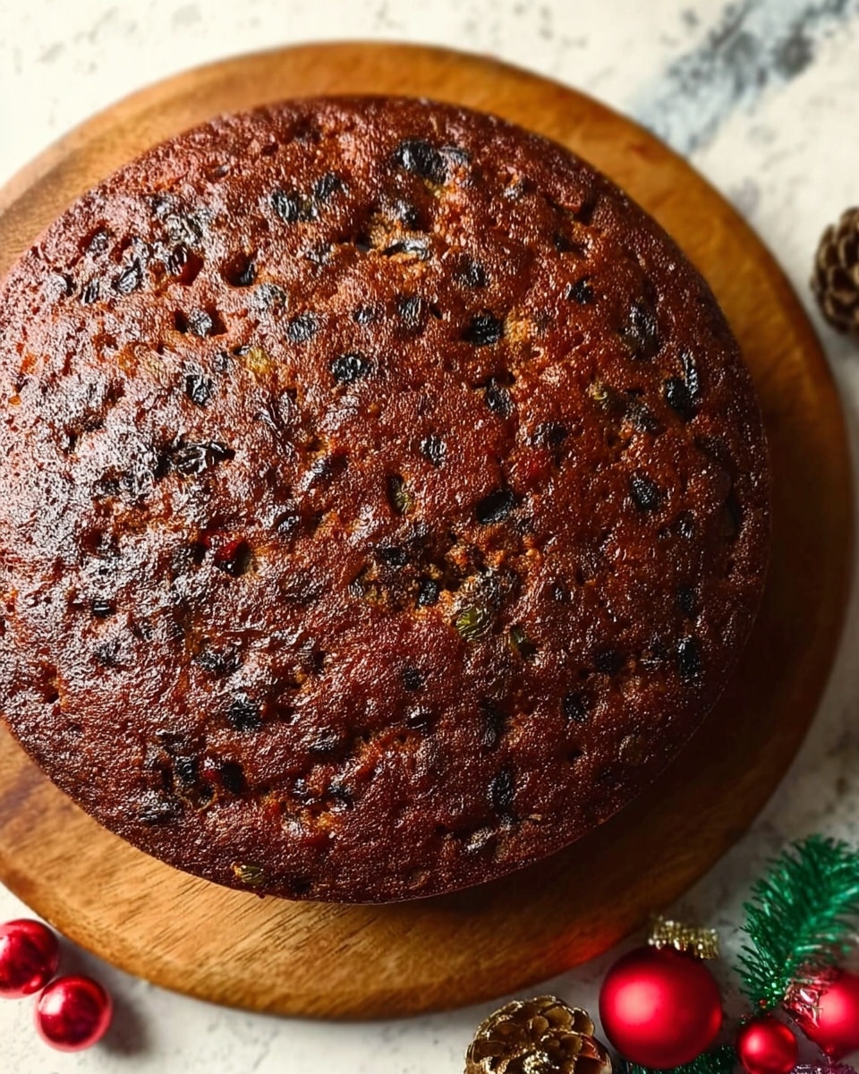 A round dark brown fruitcake with a slightly shiny and rough top surface, studded with small bits of dried fruit visible throughout, resting on a round wooden board. The cake appears dense and moist with a rich texture, and small pinecone and red Christmas-themed ornaments surround the board. The background has a white marbled texture. Photo taken with an iphone --ar 4:5 --v 7
