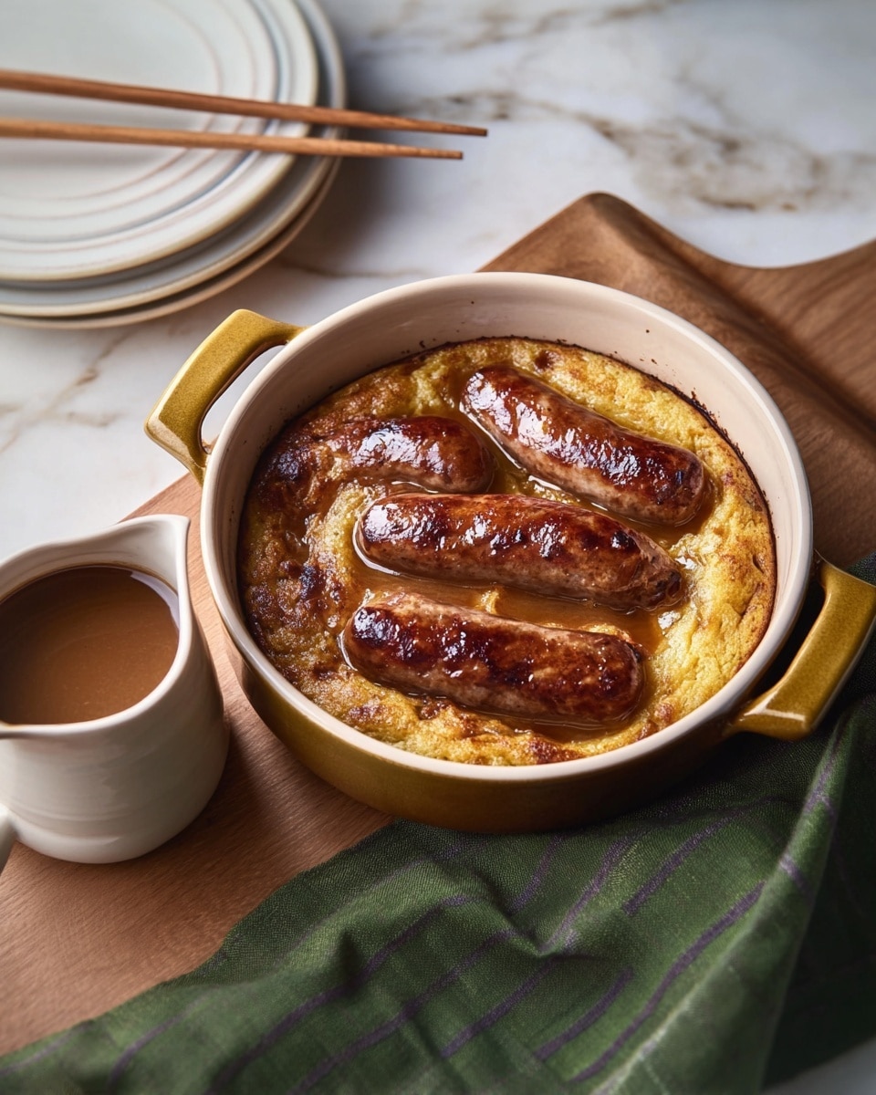 A white round ceramic dish with golden handles holds a baked dish of four shiny, browned sausages placed evenly on top. Underneath is a thick, golden-brown, puffy layer with a slightly crispy and uneven texture, likely a batter or pudding base. The dish rests on a wooden board, partially covered by a green cloth with dark stripes. Nearby, a small white ceramic jug with a brown bottom holds a rich brown gravy sauce with a smooth texture. In the background, there is a stack of white plates with four wooden chopsticks resting on top, all set against a white marbled texture. photo taken with an iphone --ar 4:5 --v 7