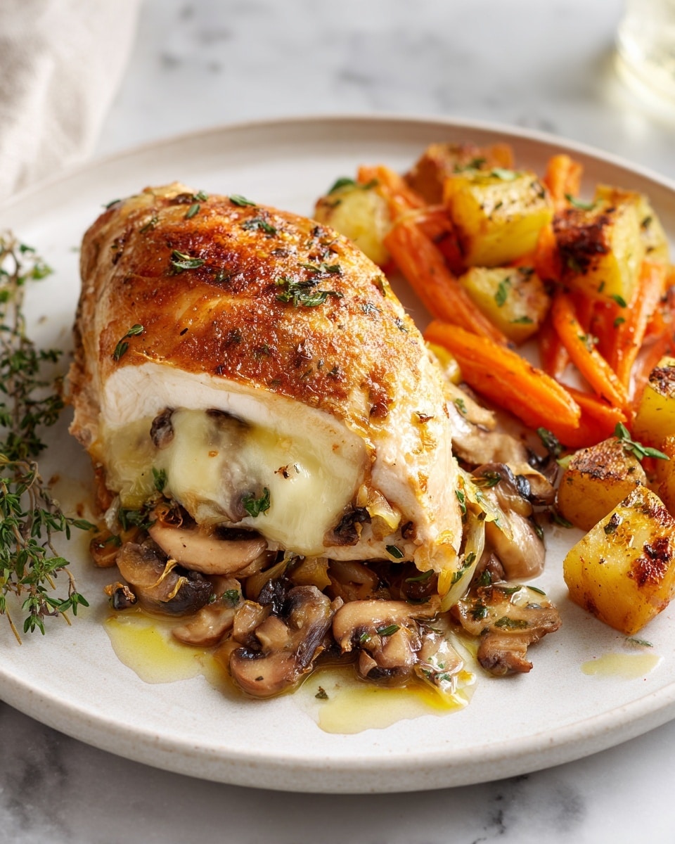 A white plate holds a cooked chicken breast as the main focus, showing a crispy golden-brown skin on top. The chicken is stuffed with a layer of melted pale yellow cheese covering sautéed mushrooms in shades of brown and beige, mixed with small bits of fresh green herbs. To the right side of the chicken, there is a mix of roasted vegetables, including bright orange carrot sticks and golden-brown potato cubes with charred edges, garnished with small green herbs. A small drizzle of light olive oil pools slightly on the plate around the chicken, and a sprig of fresh green thyme lies underneath near the top left side of the plate, all set on a white marbled texture background. Photo taken with an iphone --ar 4:5 --v 7