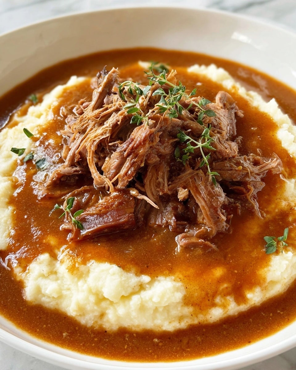 A white plate holds a dish with three main layers; the bottom layer is creamy white mashed potatoes with a smooth, slightly fluffy texture, spread in a wide circle. Above this is a generous heap of shredded, brown roasted meat with juicy, tender strands showing, piled in the center. The top layer is a thick, rich brown gravy poured over the meat and around the mashed potatoes, with small sprigs of fresh green herbs scattered on top. The entire presentation sits on a white marbled surface. Photo taken with an iphone --ar 4:5 --v 7