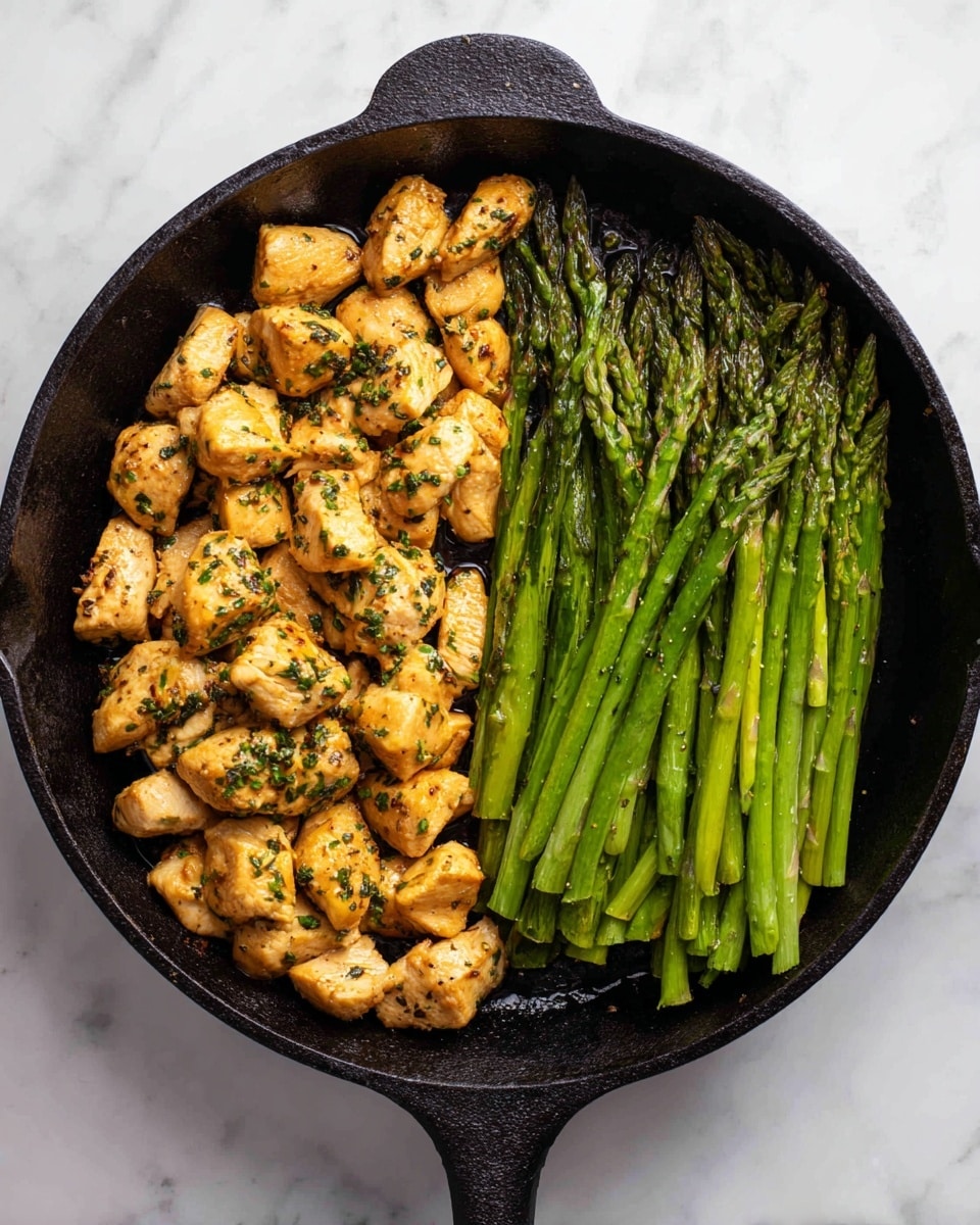 The image shows a black cast iron skillet filled with two main parts: on the left side, there are many pieces of golden-brown cooked chicken chunks with a slightly crispy texture and sprinkled with green herbs. On the right side, there is a bunch of bright green asparagus spears, cooked but still firm, with a bit of seasoning and a light shine from cooking oil. The skillet is placed on a white marbled surface. photo taken with an iphone --ar 4:5 --v 7