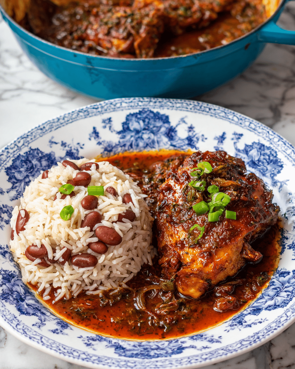 A white plate with blue floral patterns holds two main layers: on the left side, there is a mound of white rice mixed with red kidney beans, dotted with small green onion slices on top; on the right side, a piece of chicken covered in a deep reddish-brown sauce with visible cooked onions and herbs sits in a pool of the same sauce, garnished with chopped green onions. In the background, a blue pot with similar sauce and meat is partially visible on a white marbled surface. photo taken with an iphone --ar 4:5 --v 7
