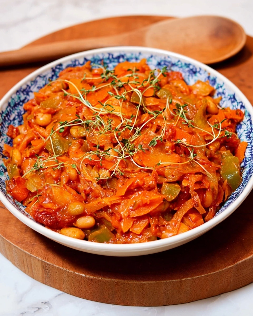 The dish is served in a white bowl with blue patterned inside edges, filled to the top with a vibrant mix of cooked vegetables and beans. The mix shows layers of orange and reddish cooked carrots and peppers interspersed with green bell peppers and small white beans, all coated in a glossy reddish-orange sauce. Thin green herb sprigs are scattered on top for garnish, adding a fresh contrast. The bowl sits on a round wooden board, with a wooden spoon in the background, and everything rests on a white marbled surface. Photo taken with an iphone --ar 4:5 --v 7