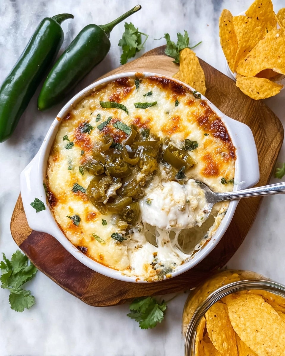 The image shows a white bowl filled with creamy, melted cheese that is golden brown on top, with a layer of cooked green chili peppers and herbs in the center. A spoon is digging into the soft cheese on the upper right side, showing the rich, gooey texture underneath. The bowl rests on a wooden board on a white marbled surface, surrounded by two whole green chilies on the left and a glass jar of yellow tortilla chips on the right. Some fresh green cilantro leaves are scattered around the bowl. Photo taken with an iphone --ar 4:5 --v 7