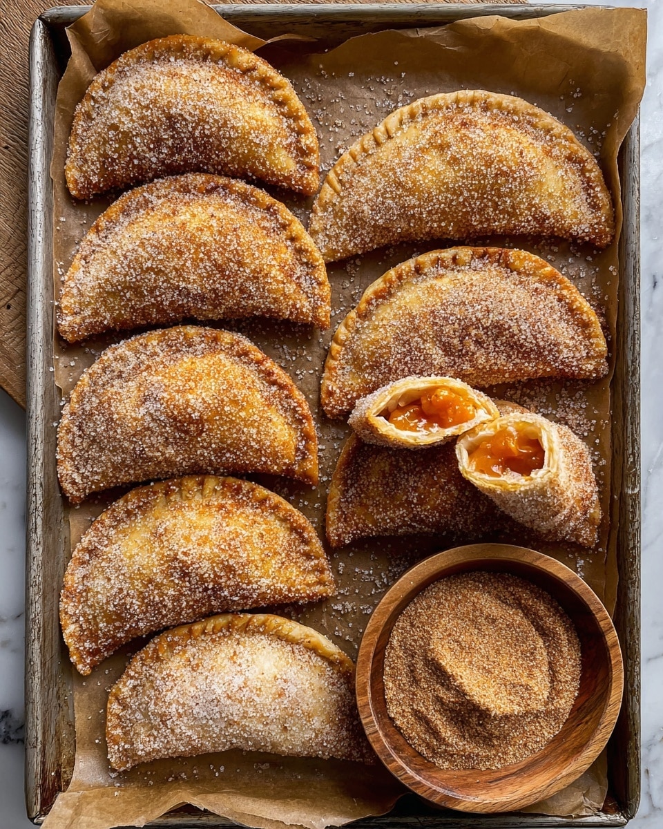 A metal tray lined with brown parchment paper holds nine half-moon shaped pastries coated in cinnamon sugar, arranged in two neat rows with one cut open to show an orange filling inside. In the top right corner of the tray, a small round wooden bowl is filled with extra cinnamon sugar. The pastries have a golden-brown crispy outer texture covered evenly with sugar crystals. The background is a white marbled texture. photo taken with an iphone --ar 4:5 --v 7