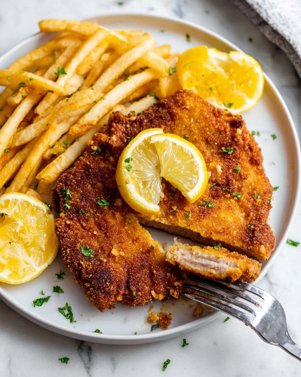 On a white plate on a white marbled surface, there is a large piece of breaded and fried cutlet with a golden brown crispy crust. The cutlet is partially cut, showing a thick, juicy inside layer of cooked meat. On top of the cutlet is a small lemon wedge, and more lemon wedges lie beside it on the plate. Next to the cutlet, there are several thin, golden French fries. A silver fork holds a piece of the cutlet near the bottom right of the plate. The dish is garnished with small green herb pieces scattered over the cutlet. Photo taken with an iphone --ar 4:5 --v 7