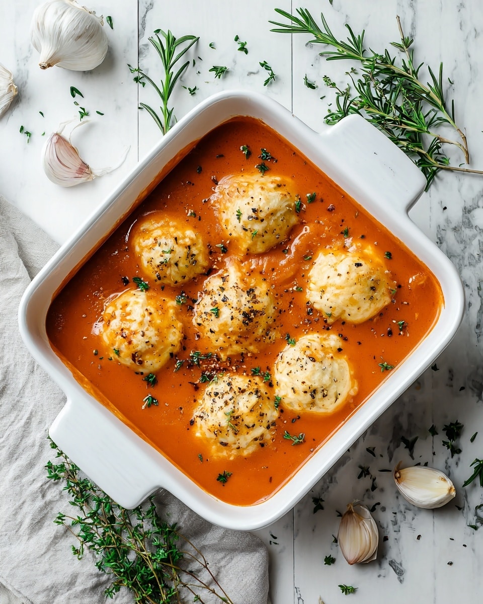 A white square ceramic dish holds a rich orange tomato-based sauce filling most of the dish, with six round, slightly browned dumplings placed evenly on top. The dumplings are light golden with a smooth, soft texture and are sprinkled with black pepper and small green herb leaves, likely thyme. The sauce also contains small bits of onion visible near some dumplings. The dish sits on a white marbled surface scattered with fresh sprigs of rosemary and thyme, along with peeled garlic cloves and a light grey cloth. The scene is bright and clean, emphasizing the warmth and texture of the dish. photo taken with an iphone --ar 4:5 --v 7