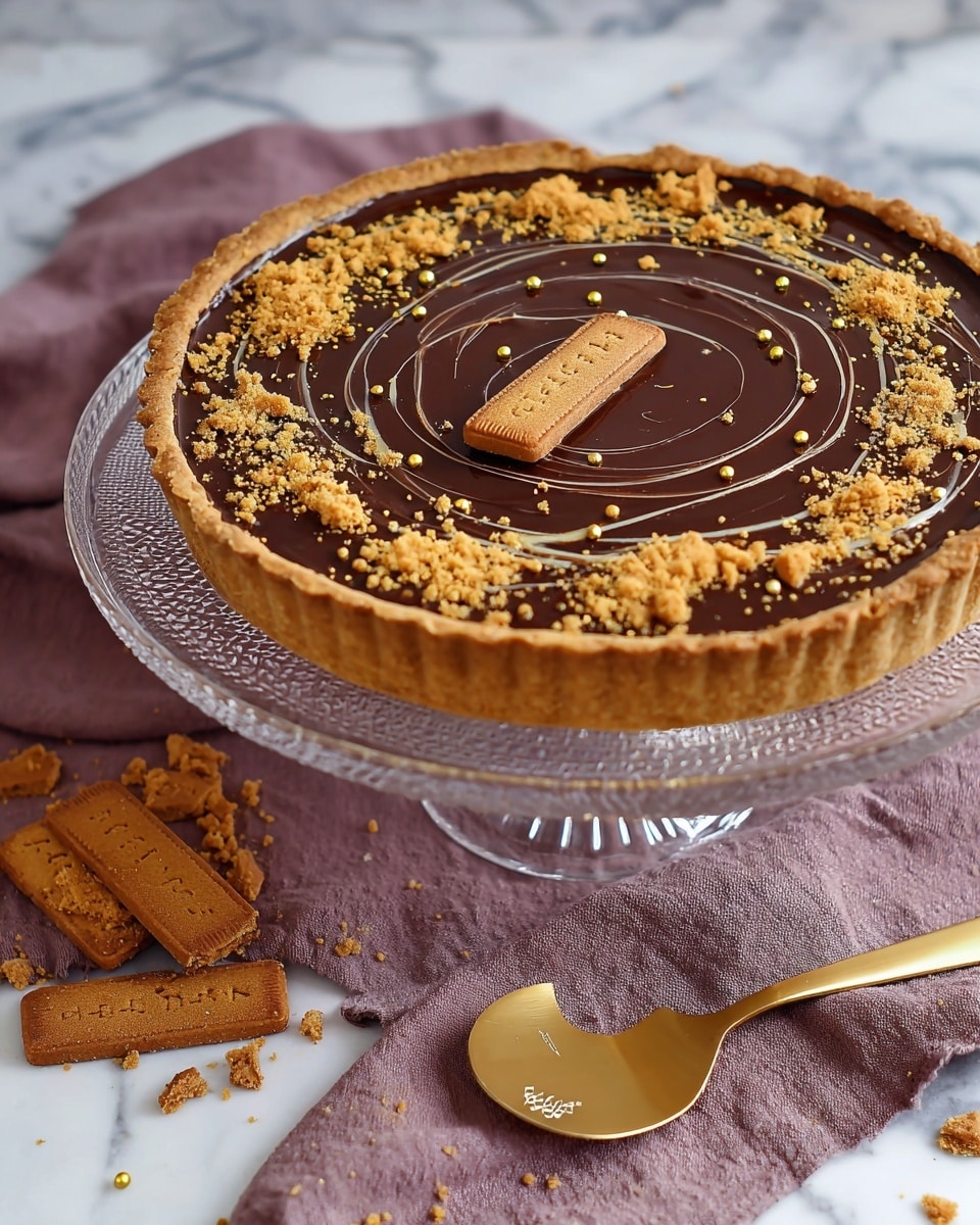 A tart displayed on a clear glass cake stand with a decorative edge, set on a white marbled surface. The tart has a thick, golden brown crust forming the base, filled with a smooth, glossy dark chocolate layer on top. Swirled in a circle around the chocolate surface is a light caramel-colored drizzle. Around the edge of the filling, there are scattered crumbled bits of a golden cookie and small gold pearl sprinkles, with a whole golden brown rectangular cookie placed in the center. A gold cake server rests on a textured mauve cloth beneath the stand, and broken cookie pieces are placed on the surface nearby. Photo taken with an iphone --ar 4:5 --v 7
