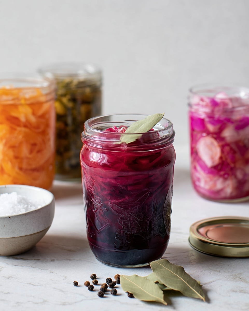 The image shows a close-up of a clear glass jar filled with deep red pickled vegetables layered with visible dark red and purple tones, topped with a pale green bay leaf. In the background, there are three other jars, each with different colored pickled vegetables: vibrant orange, light pink, and greenish hues. In front of the jars, there is a small white bowl filled with coarse salt, surrounded by a couple of dry bay leaves and black peppercorns, all on a white marbled surface. The jar lid is placed upside down to the right side of the main jar. photo taken with an iphone --ar 4:5 --v 7