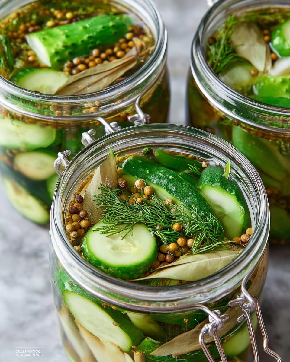 A close-up of a glass jar filled with layers of light green cucumber slices, white rings of onion, and small round brown mustard seeds, all immersed in a clear pickling liquid. The cucumbers are thinly sliced and sit side by side, with layers of onion rings and mustard seeds scattered evenly throughout, creating a fresh and crunchy texture. The jar’s rim and body are clear glass with some reflections, sitting on a white marbled surface slightly blurred in the background. photo taken with an iphone --ar 4:5 --v 7