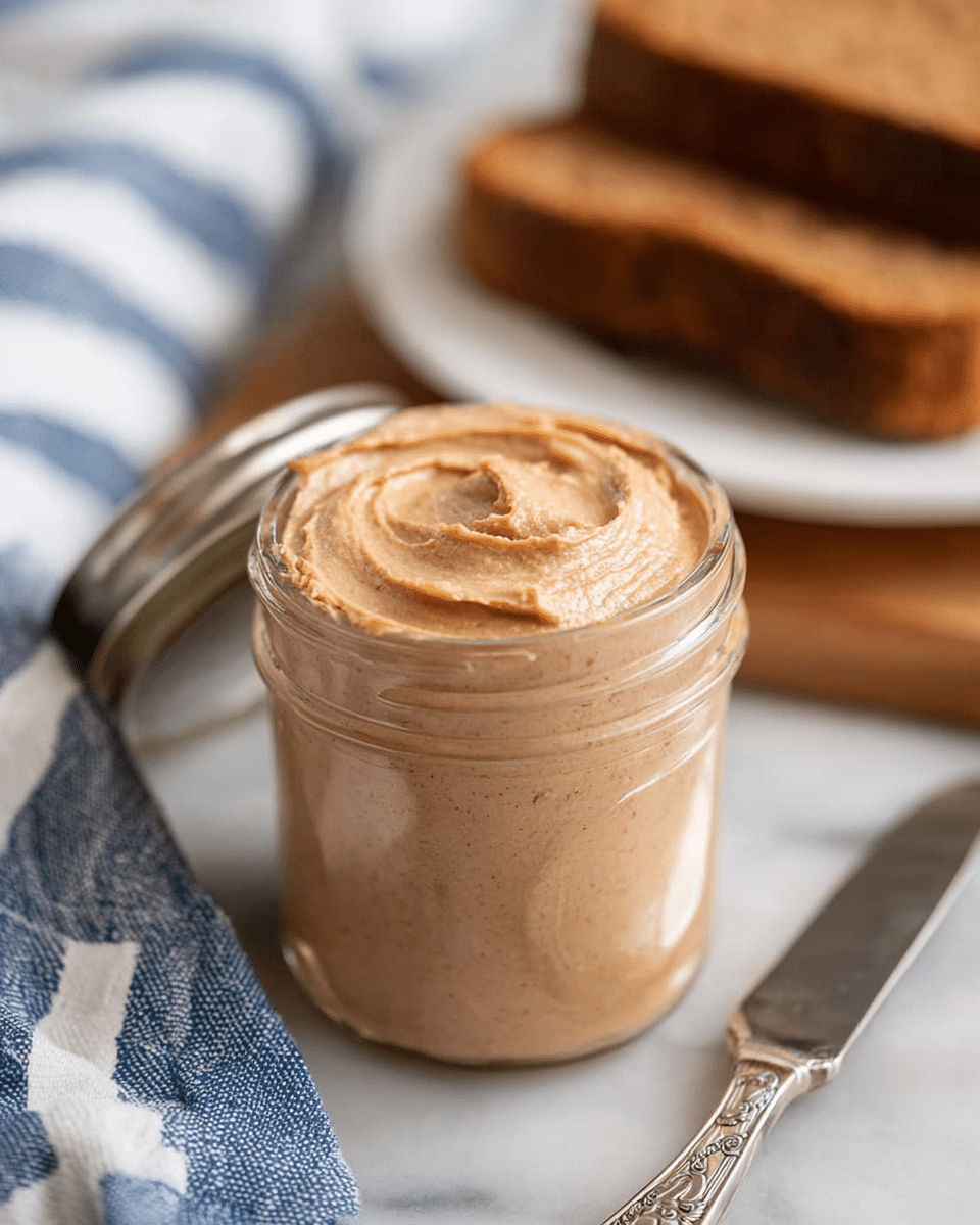 A small clear glass jar filled with light brown whipped spread with a smooth, slightly swirled texture on top. The jar lid is open and leaning against the jar. Behind, there are slices of brown bread slightly blurred, placed on a white plate. A silver knife with a detailed handle rests next to the jar on a white marbled surface. Part of a blue and white striped cloth is visible on the side. Photo taken with an iphone --ar 4:5 --v 7