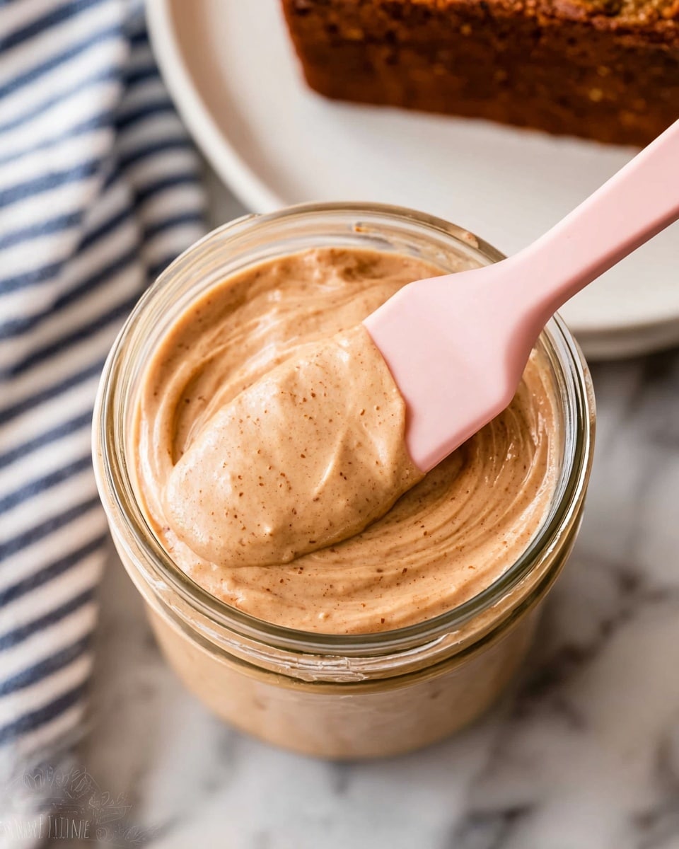 A close-up of a small glass jar filled with a smooth and creamy light brown spread with tiny darker specks throughout, showing a soft texture. A pale pink silicone spatula is dipped into the jar, scooping up a dollop of the spread, with gentle swirling marks visible on the surface. The jar is placed on a background with a white marbled texture, and part of a white plate with a dark baked item is blurred in the top left corner. A blue and white striped cloth is partially visible in the bottom left corner. Photo taken with an iphone --ar 4:5 --v 7