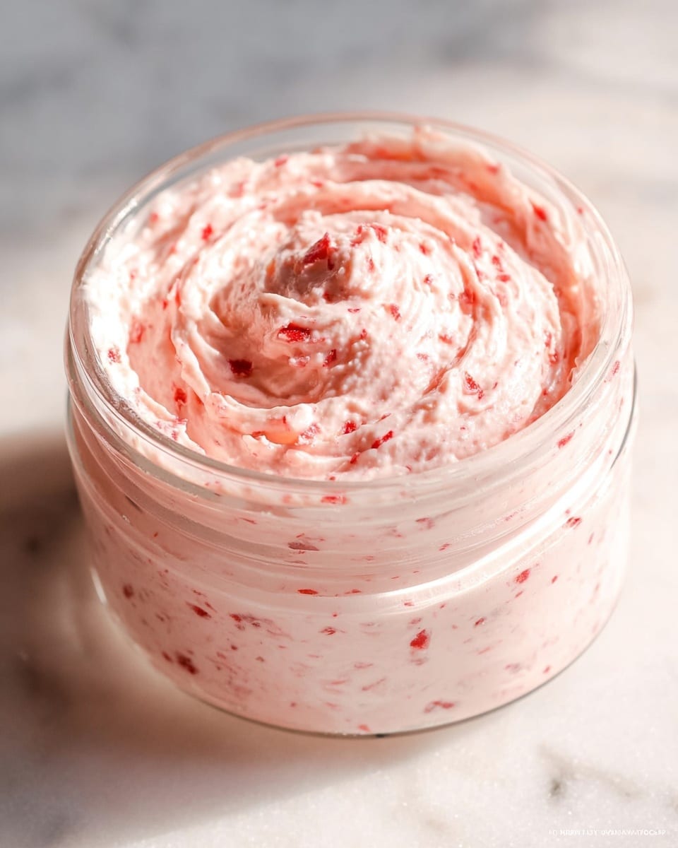 A clear glass jar filled with a creamy, light pink spread with small red pieces mixed throughout, giving it a textured and slightly chunky look, the spread swirled gently on top inside the jar. The jar is placed on a white marbled surface, with soft natural light enhancing the colors and texture of the spread. photo taken with an iphone --ar 4:5 --v 7