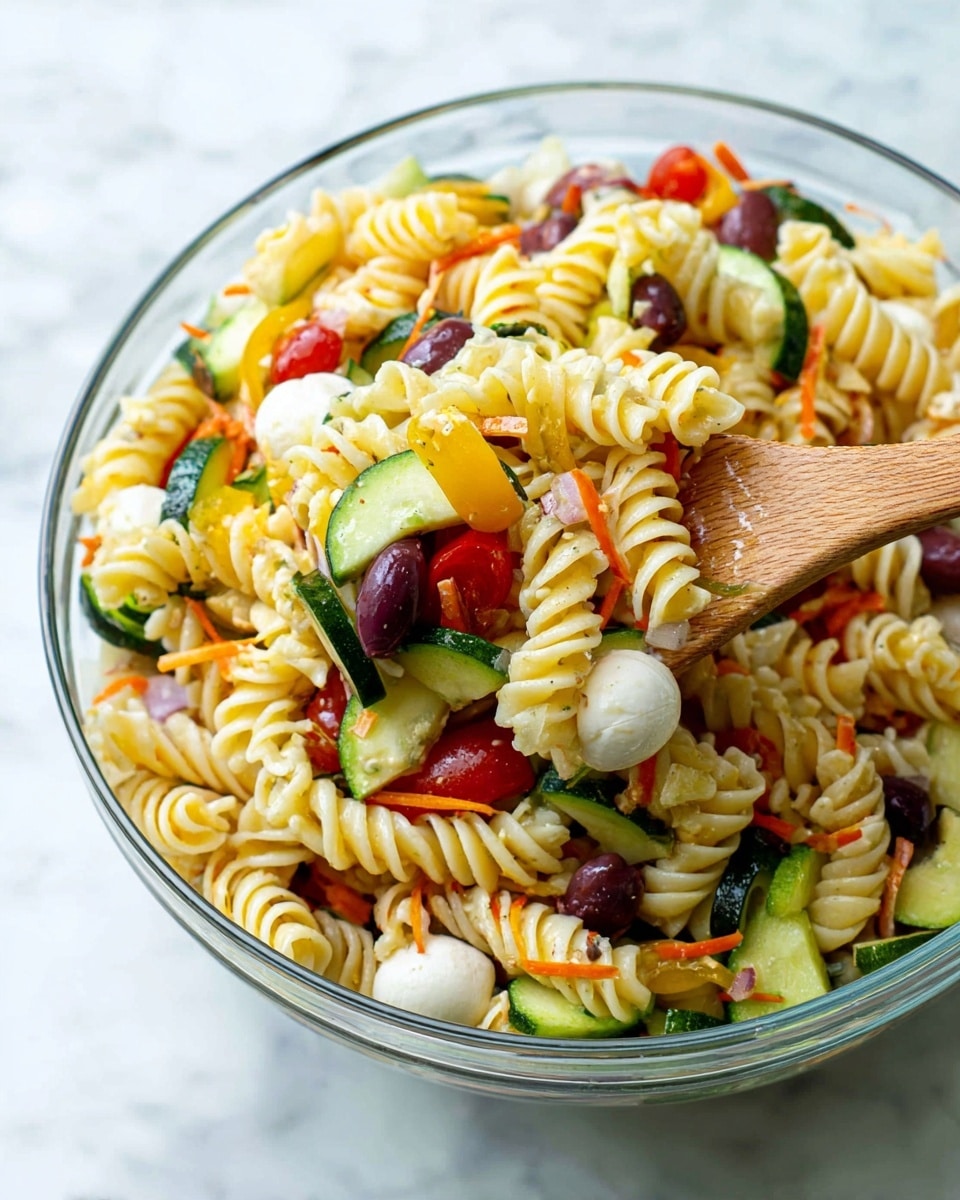 A clear glass bowl filled with pasta salad sits on a white marbled surface. The salad has three main layers: the bottom layer is light yellow spiral rotini pasta with a twisted texture, the middle layer includes bright green sliced zucchinis and small red and yellow cherry tomato pieces, and the top layer shows a mix of dark purple sliced olives, white mozzarella balls, and some orange carrot shreds spread evenly. A wooden spoon lifts a portion of the pasta mix, highlighting the textures and colors. The overall look is fresh and colorful. photo taken with an iphone --ar 4:5 --v 7