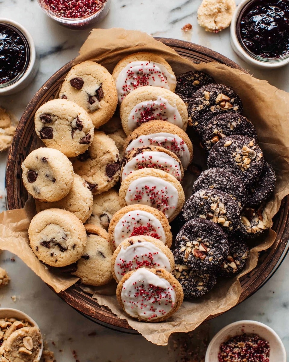 A round wire tray lined with parchment paper holds four rows of assorted cookies arranged vertically. The left row has light tan cookies with dark chocolate chunks scattered inside. Next to it, there is a row of dark chocolate cookies with white icing on the bottom half, topped with red sprinkles. The two right rows show more light tan cookies with a sugary texture, and the far right row has dark chocolate cookies mixed with pieces of nuts. Around the tray are small white bowls filled with dark jam and crushed red topping, with scattered crumbs and bits on a white marbled surface. photo taken with an iphone --ar 4:5 --v 7