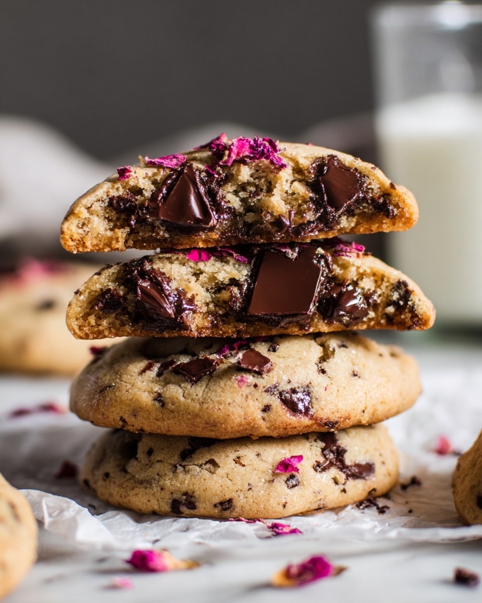 A close-up view of a stack of four chocolate chip cookies, each cookie broken in half to show the soft, crumbly inside filled with melted dark chocolate chunks. The cookies are light golden brown with a slightly rough texture, and the top cookie is decorated with small pink rose petals. The stack sits on crumpled white parchment paper, set against a white marbled surface, with a blurred glass of milk in the background. Photo taken with an iphone --ar 4:5 --v 7