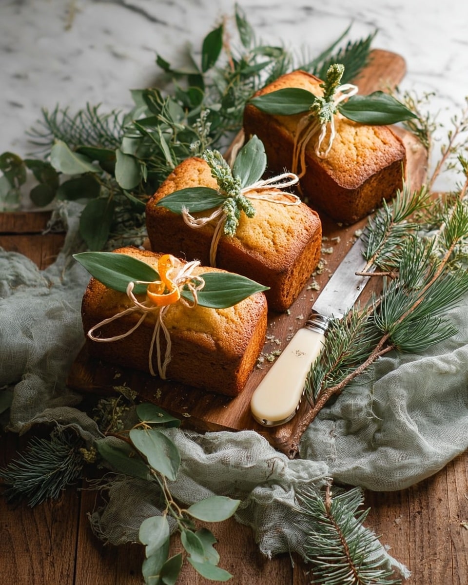 Two small golden-brown cakes with a smooth texture sit on a wooden board, each tied with a rustic string bow. One cake is topped with a small green pine branch and a curled orange peel, while the other cake held by a woman's hand features green eucalyptus leaves and small clustered buds under the string. The woman's hands have a simple black leaf tattoo and wear a cream-colored knitted sweater. The background is a white marbled texture with green pine sprigs around, giving a cozy and natural feel. photo taken with an iphone --ar 4:5 --v 7