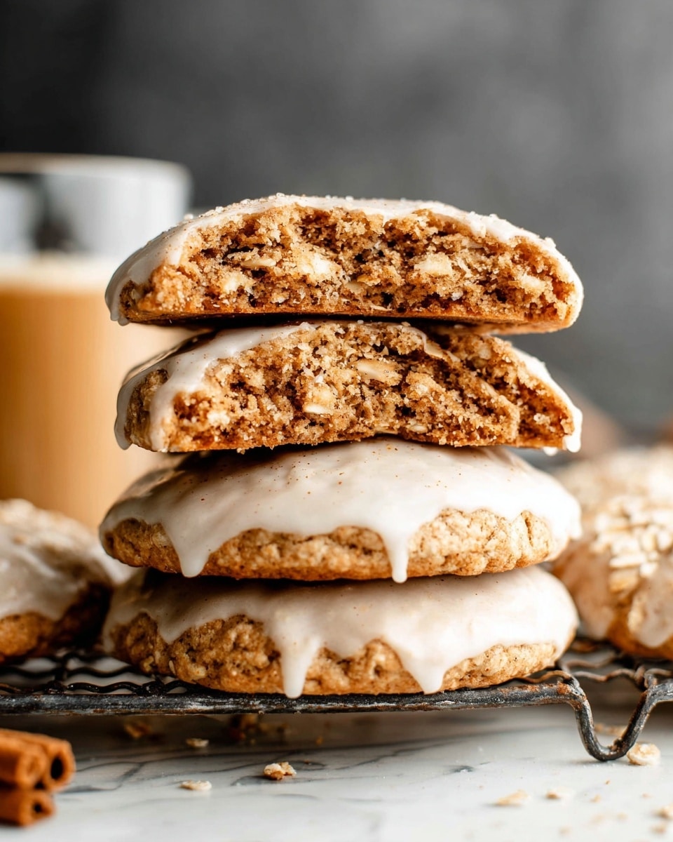 The image shows a close-up of a broken baked good, likely a muffin or cookie, held by a woman's hand. It has two visible layers: the inside layer is rough and crumbly with a brownish color, large oats, and small bits making it look textured and grainy. The outside layer is a smooth, creamy white frosting with small brown specks sprinkled on top, evenly covering the surface. The background is a soft, white marbled texture that contrasts with the baked good. Photo taken with an iphone --ar 4:5 --v 7