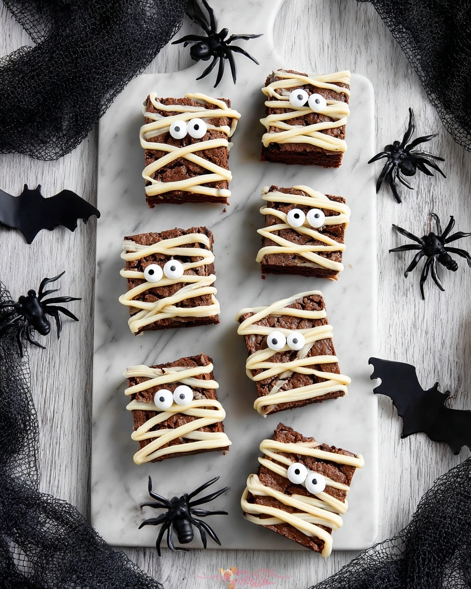 Seven small square chocolate brownies are arranged on a long white slate board placed on a white marbled wood surface. Each brownie is decorated with cream-colored icing drizzled in crisscross lines, resembling mummy wrappings, and topped with two round candy eyes giving a playful look. Around the board, small black plastic spiders and translucent bat decorations are scattered, along with some black mesh fabric for a spooky effect. Photo taken with an iphone --ar 4:5 --v 7