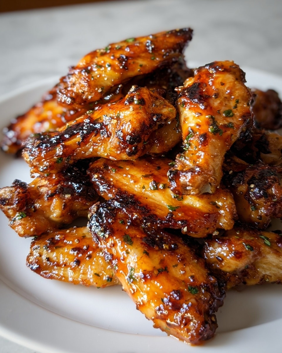 A pile of grilled chicken wings stacked in several layers on a white plate, each wing covered in a shiny, sticky glaze that is golden brown with darker charred spots. The sauce has small bits of green herbs and black pepper visible, adding texture and color contrast. The wings show a mix of crispy edges and tender meat, with some pieces slightly charred to give a rich, smoky look. The overall scene is indoors, with the plate sitting on a white marbled surface, creating a clean yet warm setting. photo taken with an iphone --ar 4:5 --v 7