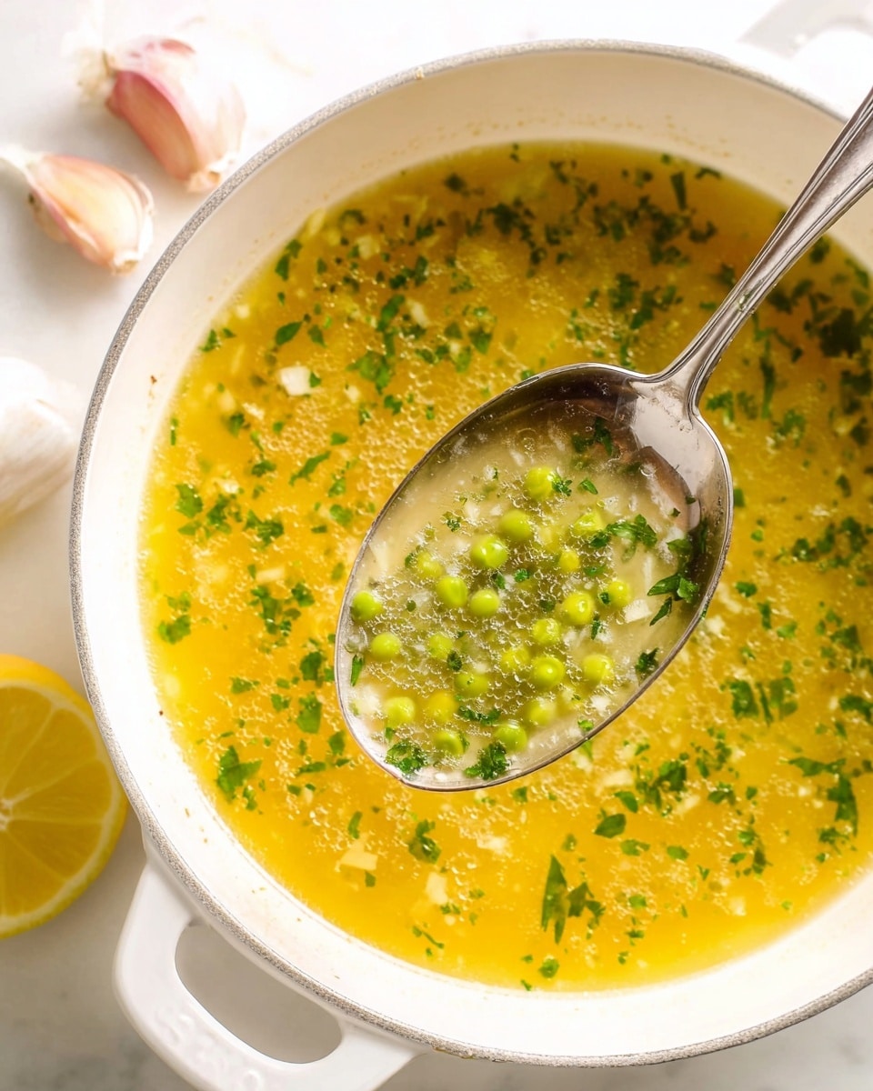 A close-up view of a white pot filled with a warm, yellow broth containing small green peas and finely chopped green herbs on the surface. The broth looks slightly foamy with tiny bubbles, giving it texture. A silver spoon lifts some of the broth and peas from the pot, positioned in the center right. Around the pot on a white marbled surface, there are two cloves of garlic in the upper left and a sliced lemon half near the lower left corner, adding a bright yellow contrast. The overall scene is bright and clean, with the white pot and marbled surface emphasizing the colors in the broth. photo taken with an iphone --ar 4:5 --v 7