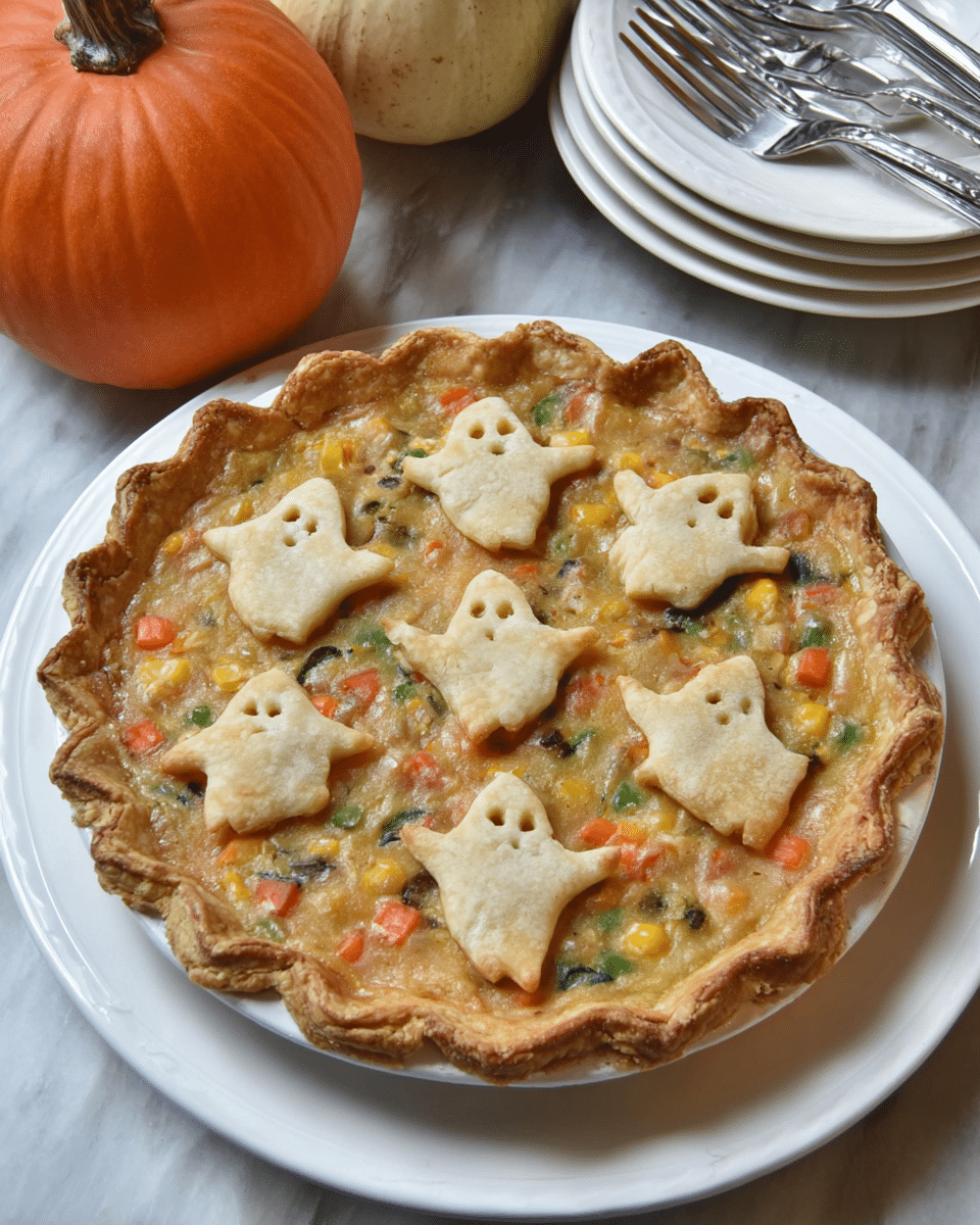 A round chicken pot pie is shown with a fluted crust edge, filled with a mix of cooked chicken pieces, green peas, and orange carrots in a creamy sauce. On top of the filling, seven ghost-shaped dough cutouts with two small round holes as eyes cover the surface, their smooth, pale dough contrasting with the colorful filling beneath. The pot pie sits on a white marbled surface with a small, orange, carved pumpkin partially visible on the right side. Photo taken with an iphone --ar 4:5 --v 7
