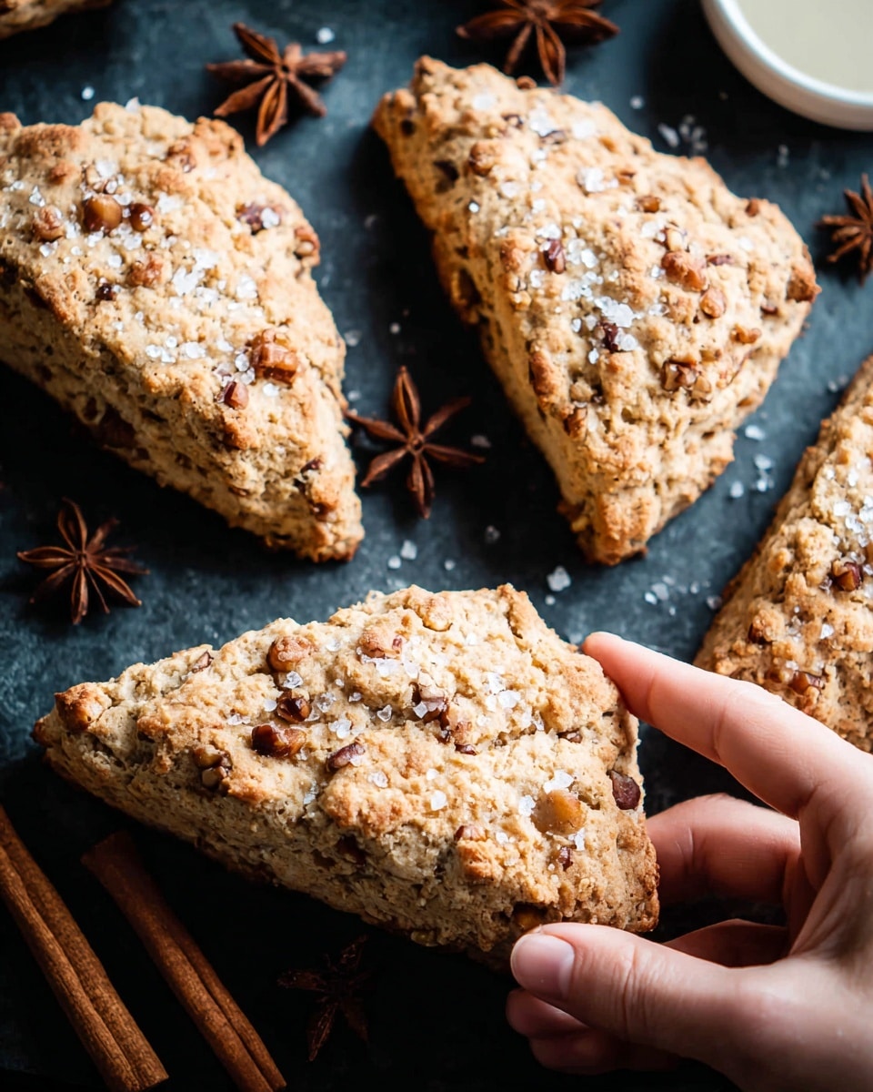 Four triangular scones with a rough, crumbly golden-brown texture are laid out on a black surface. Each scone has small brown nut pieces inside, giving a speckled look throughout. The top layer is sprinkled with coarse sugar crystals that catch the light, adding a sparkling effect. A woman's hand is gently holding one scone on the right side, showing the scone’s thickness. Around the scones are scattered whole cinnamon sticks and star anise, adding warm brown tones and a cozy feeling. The background is a white marbled texture. photo taken with an iphone --ar 4:5 --v 7