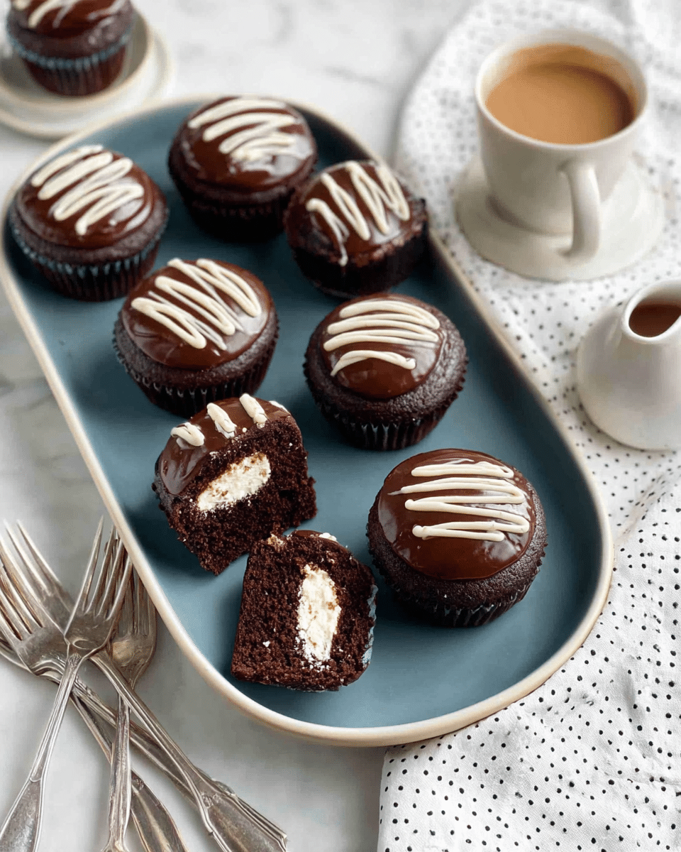 The image shows eight chocolate cupcakes on a white oval plate with a smooth blue texture. Each cupcake has three layers: a dark chocolate cake base, a thick smooth layer of shiny dark chocolate frosting, and a white wavy line of creamy frosting running across the center on top. One cupcake is cut in half, placed near the top of the plate, revealing a soft white cream filling inside the chocolate cake. The plate is on a white marbled surface, with a white cloth dotted with black near the bottom right and silver forks on the bottom left. Cups of light brown drink and a small white creamer are visible near the top. Photo taken with an iphone --ar 4:5 --v 7
