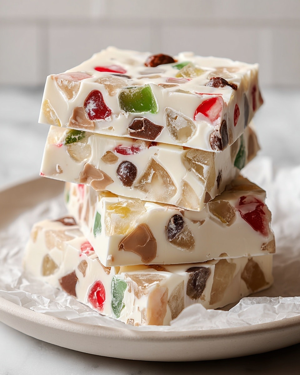 A stack of four thick, square white chocolate bars filled with colorful embedded pieces of red, green, brown, and beige candy scattered unevenly throughout each bar. Each layer has a smooth, creamy white base dotted with irregular shapes of translucent and solid candy, some shiny and some matte, creating a mosaic-like pattern. The bars are stacked slightly off-center on a white plate, with a crumpled piece of parchment paper underneath. The scene is contrasted by a soft, white marbled surface as the background, giving a clean and bright feel. photo taken with an iphone --ar 4:5 --v 7