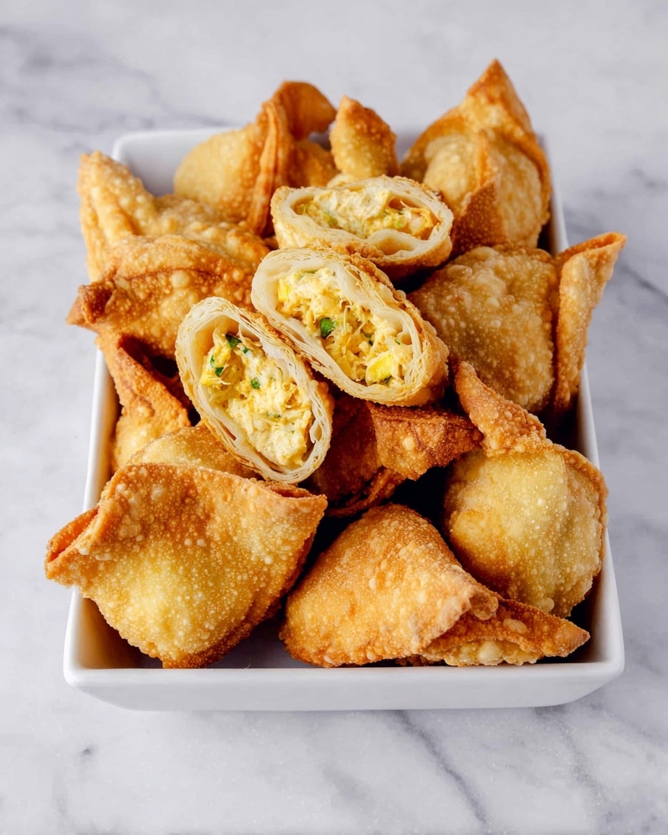 A white rectangular container holds a pile of golden brown fried wontons with a rough, bubbly texture on their crisp outer layer. Some wontons are whole with tight folds, while others are cut open to show the inside, revealing a soft yellow filling with bits of white and green, suggesting shredded crab and herbs. The container sits on a white marbled surface that provides a clean, fresh background. photo taken with an iphone --ar 4:5 --v 7