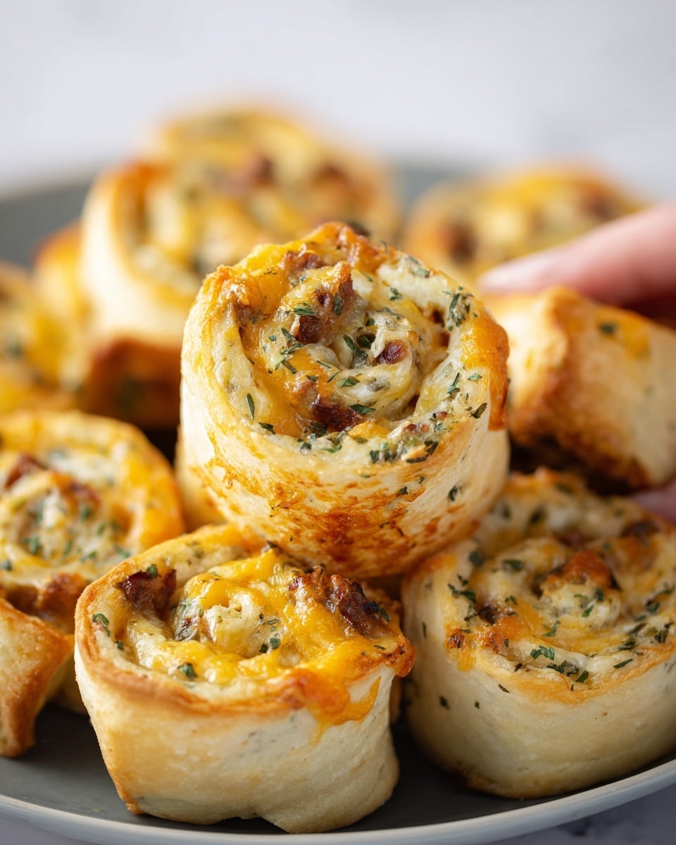 A close-up view of small, golden-brown roll-ups arranged on a white plate, each roll showing one visible layer of light, flaky dough that is toasted with darker spots, filled with an orange layer of melted cheese and a creamy white layer speckled with green herbs and small bits of seasoning, with some rolls slightly open revealing the swirled filling inside. The plate sits on a white marbled surface, and the background is dark and blurred, focusing attention on the warm, textured rolls. photo taken with an iphone --ar 4:5 --v 7
