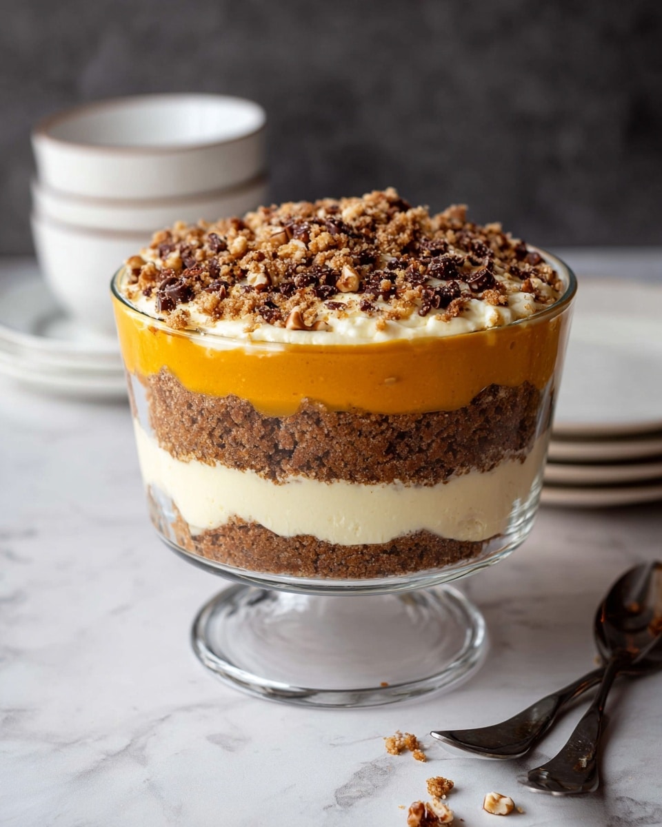 A clear round glass bowl holds a four-layer dessert placed on a white marbled surface. The bottom layer is a thick, creamy white base with a smooth texture, topped by a crumbly brown layer with a rough texture. Above this crumb layer is a smooth, bright orange layer that looks creamy. Another crumbly brown layer sits on top of the orange layer, followed by a thick white creamy layer with a soft texture. The dessert is finished with a generous sprinkle of crushed nuts and chocolate bits spread evenly over the top. There are small bits of the topping scattered beside the bowl, with two stacked white bowls and two silver forks blurred in the background. Photo taken with an iphone --ar 4:5 --v 7
