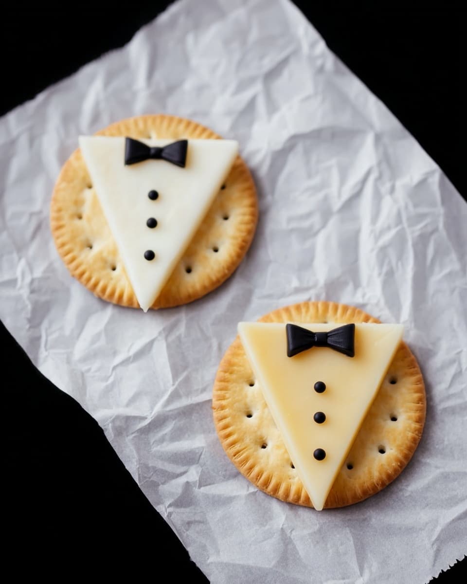 Two round crackers sit on crumpled white paper, placed on a white marbled surface. Each cracker holds a triangular slice of cheese shaped like a dress shirt; one cheese is white with a small black bow tie made from thin strips and three black dots down the middle, while the other is pale yellow with a matching black bow tie and three black dots. The crackers have a light golden color with small holes and a rough texture. The arrangement is simple and neat, with the cheese slices centered on each cracker. photo taken with an iphone --ar 4:5 --v 7