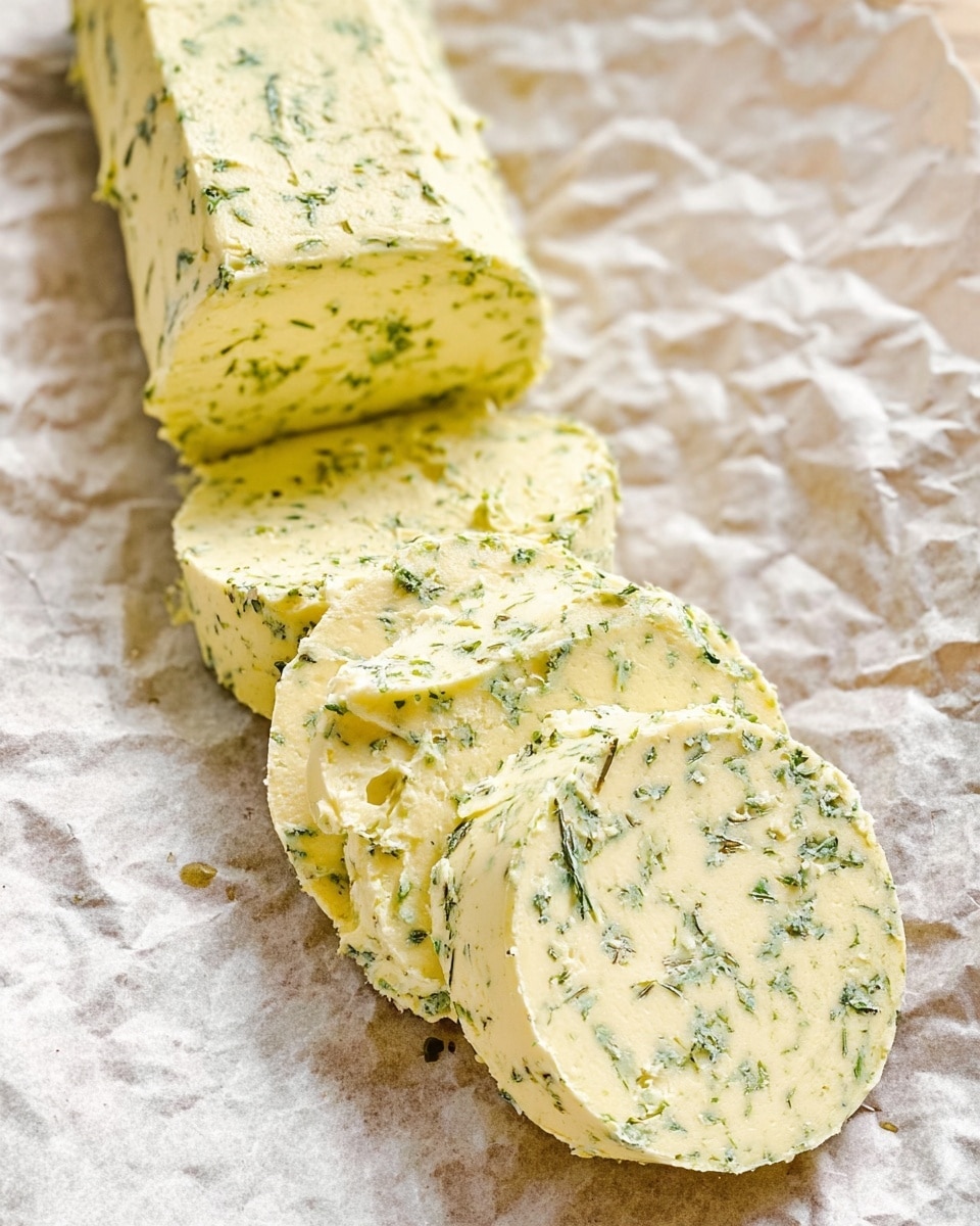 The image shows a log of herb butter resting on crinkled parchment paper with a white marbled texture beneath it. The butter is pale yellow with small, finely chopped green herbs evenly mixed throughout. Five thin, round slices have been cut from one end of the log, each showing the same herb-speckled pattern and smooth texture. The butter looks soft but holds its shape well, with a creamy appearance and slight shine. The background remains simple, drawing focus to the layered slices and the main butter log. photo taken with an iphone --ar 4:5 --v 7