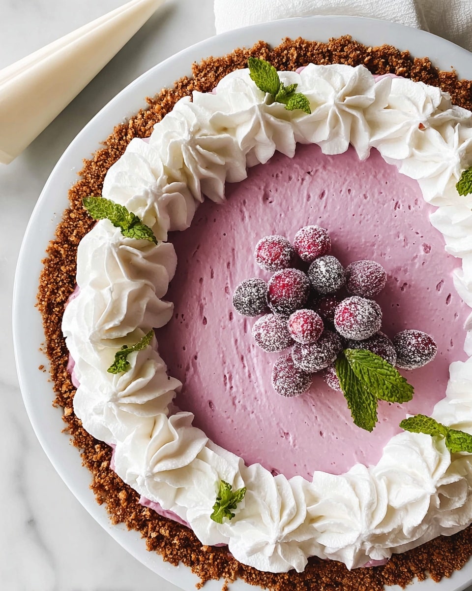The image shows a pie with three visible layers placed on a white marbled surface. The bottom layer is a crumbly brown crust. Above this is a thick, smooth, light purple filling with slight texture. The top layer is a wide ring of white whipped cream swirled evenly along the edge of the pie. Sugar-coated cranberries and fresh green mint leaves are placed on top of the whipped cream in small groups. There is also a small cluster of these decorated cranberries and mint leaves in the center of the pie. A piping bag with white cream is positioned to the left of the pie. photo taken with an iphone --ar 4:5 --v 7