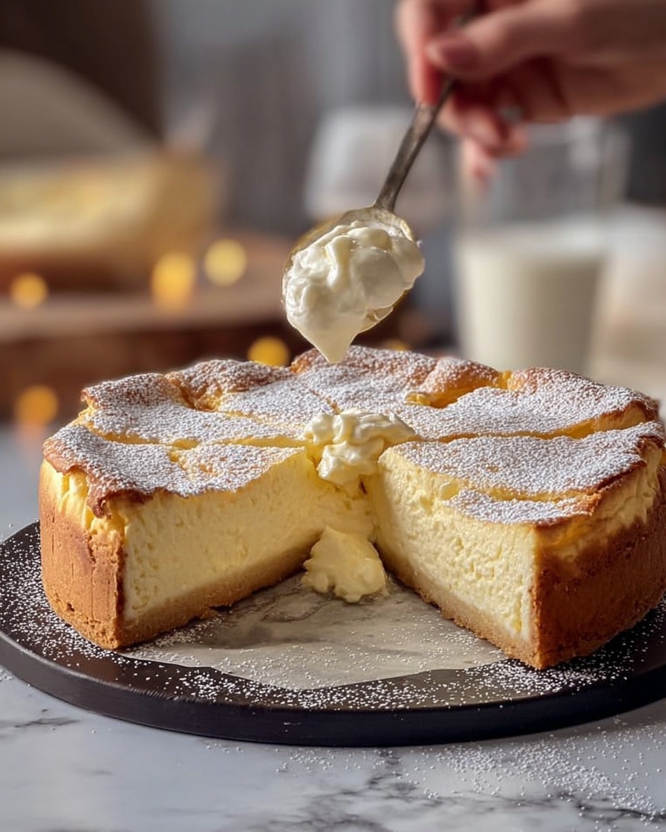 The image shows a thick cheesecake with a golden-brown crust at the bottom and sides. The cake has a creamy, pale yellow filling that looks smooth and soft. The top layer is light brown with a slightly cracked texture and is dusted with white powdered sugar. A piece has been cut out, showing the creamy inside clearly. A woman's hand is holding a small spoon above the cake, dripping some cream onto the filling. The cake sits on a dark round serving plate on a white marbled surface. In the background, there is a blurred glass of milk and some soft warm lighting. Photo taken with an iphone --ar 4:5 --v 7