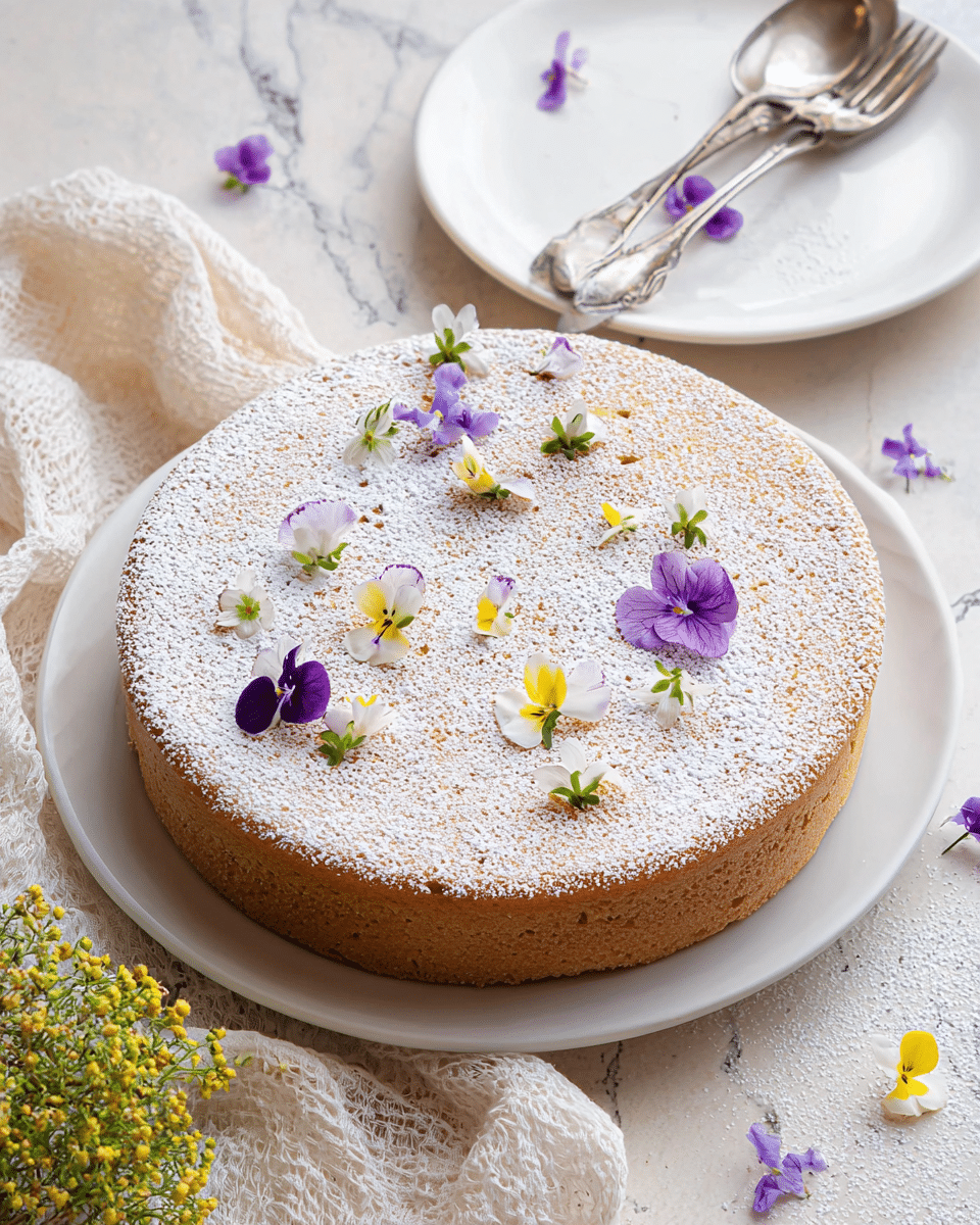 A single slice of light yellow sponge cake with a slightly rough texture is placed on a white plate, with the top layer dusted evenly with white powdered sugar. The cake slice is decorated with small, colorful edible flowers including purple, white, and yellow, scattered on top. The background includes the remaining round cake, out of focus but matching in texture and color, also adorned with similar flowers. The setting is on a white marbled surface with soft natural light highlighting the airy, crumbly texture of the cake. Photo taken with an iphone --ar 4:5 --v 7