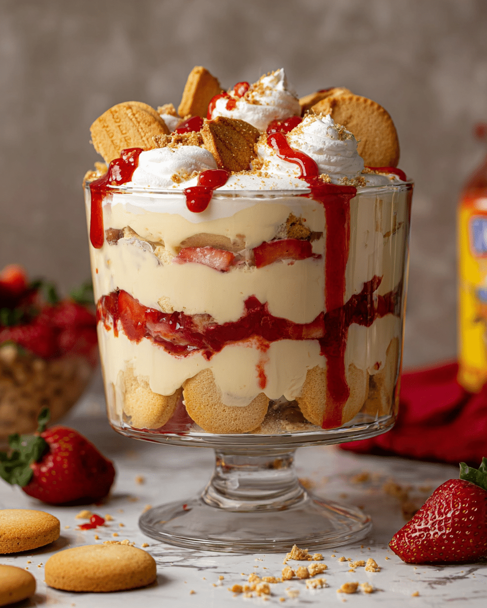 A tall, clear glass trifle dish shows a layered dessert starting with a base of round, golden brown cookies. Above this is a thick layer of pale, creamy custard filling most of the glass. Next is a band of red strawberry sauce with chunks of fruit, followed by a second layer of creamy custard mixed with more cookies pressed against the glass. The dessert is topped with dollops of whipped cream, broken golden cookies, and extra strawberry sauce dripping slightly down the sides. The dish sits on a white marbled surface with some scattered cookies and fresh strawberries nearby. Photo taken with an iphone --ar 4:5 --v 7